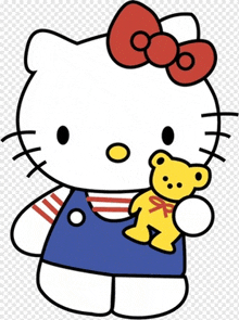 hello kitty is holding a small yellow teddy bear in her arms .