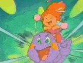 a cartoon of a purple bug with a pink flower on its head