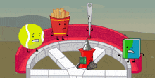 a cartoon drawing of a tennis ball french fries and a book with faces
