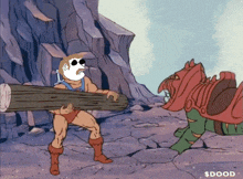 a cartoon of a man carrying a log with the word $ dood below him