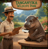 a cartoon of a man and a hippo in a wildlife park
