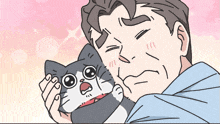 a cartoon drawing of a man holding a cat that is crying