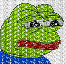 a green frog with a red mouth and a blue shirt is surrounded by glitter .