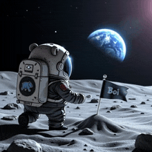 a cartoon of an astronaut on the moon with a flag that says boi on it