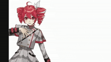 a girl with red hair is wearing a white and red outfit