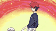 a drawing of a man with red hair and a blue shirt that says ' a ' on it