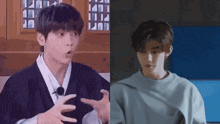 a man in a black kimono and a man in a blue sweater are talking to each other
