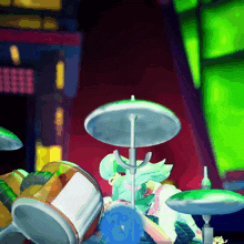 a cartoon character playing a drum set with a green background