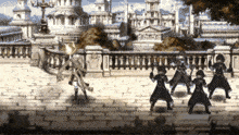 a group of soldiers are standing on a brick sidewalk in front of a castle