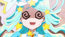 a cartoon character with blue hair and stars around her eyes