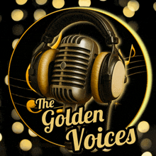 a logo for the golden voices with headphones and a microphone