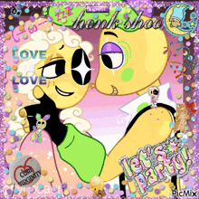 a picture of two cartoon characters with the words let 's party on the bottom right
