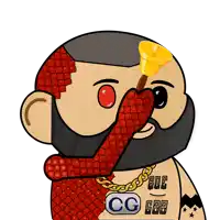 a cartoon of a man with a bell on his forehead and a cg 666 tag on his chest