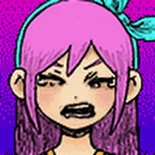 a cartoon girl with pink hair and a blue bow in her hair is making a funny face .