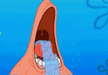 patrick star from spongebob squarepants is crying with his mouth open and water coming out of his mouth .