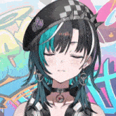 a girl with blue and black hair wearing a beret and choker