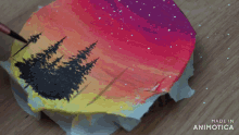 a painting of a sunset with trees on it is made in animotica