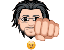 a man with glasses and a beard is pointing his fist at an angry face