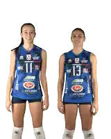 two female volleyball players standing next to each other with one wearing a number 13 jersey