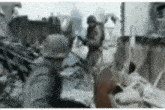 a blurry picture of a group of soldiers in a war zone .