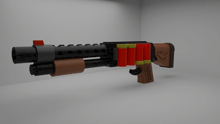 a 3d model of a shotgun with red and yellow shotgun shells attached to it