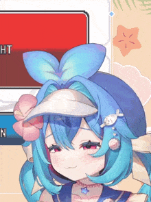 a girl with blue hair and a hat with a flower on it