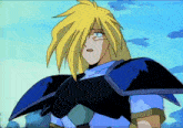 a cartoon character with blonde hair is wearing a blue armor