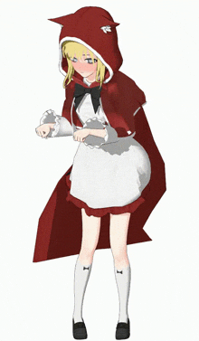 a girl in a red hooded cape with the letter f on the hood