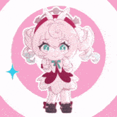 a pink and white cartoon girl with a rainbow in the background