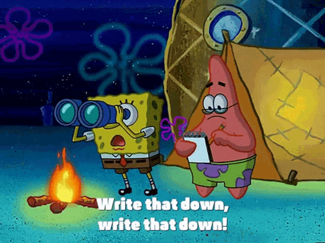 a cartoon of spongebob and patrick standing next to a campfire with the words 