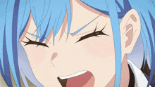 a close up of a girl with blue hair making a face