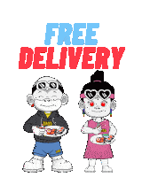 a cartoon of a boy and girl eating sushi with the words free delivery above them