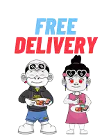 a cartoon of a boy and girl eating sushi with the words free delivery above them