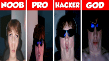 four pictures of a woman with the words noob pro hacker and god on them