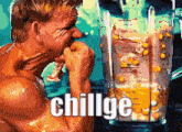 a man is eating a piece of meat in front of a blender with the word chillge on it