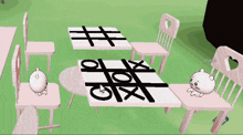 a tic tac toe game is being played on a table with chairs