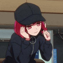 a girl with red hair wears a black hat and a black jacket