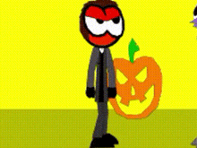 a cartoon character in a suit is standing next to a pumpkin with a green stem .