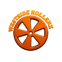 a logo for westside rollerz with an orange wheel in the center