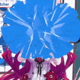 a cheerleader is holding a blue pom pom in front of a sign that says pitcher