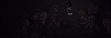 a group of cartoon characters are standing next to each other in a dark room with a light bulb hanging from the ceiling .