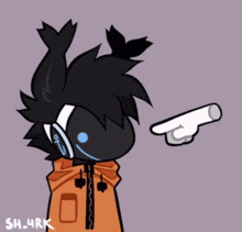 a drawing of a person with headphones and a hand pointing to the right
