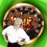 a woman in a white shirt stands in front of a roulette wheel that says leks