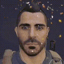 a close up of a man 's face with confetti falling from his head .
