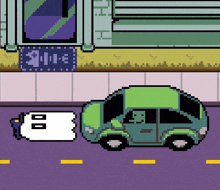 a pixel art drawing of a green car with the number 8 on the side