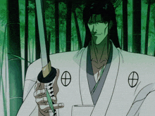 a man in a kimono is holding a sword in front of a forest of bamboo trees