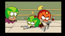 a group of cartoon characters are fighting each other and one of them is wearing a mask .