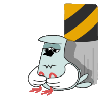 a cartoon bird is sitting next to a yellow and black striped pole