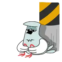 a cartoon bird is sitting next to a yellow and black striped pole