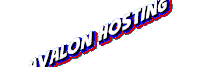the word avalon hosting is written in blue and red
